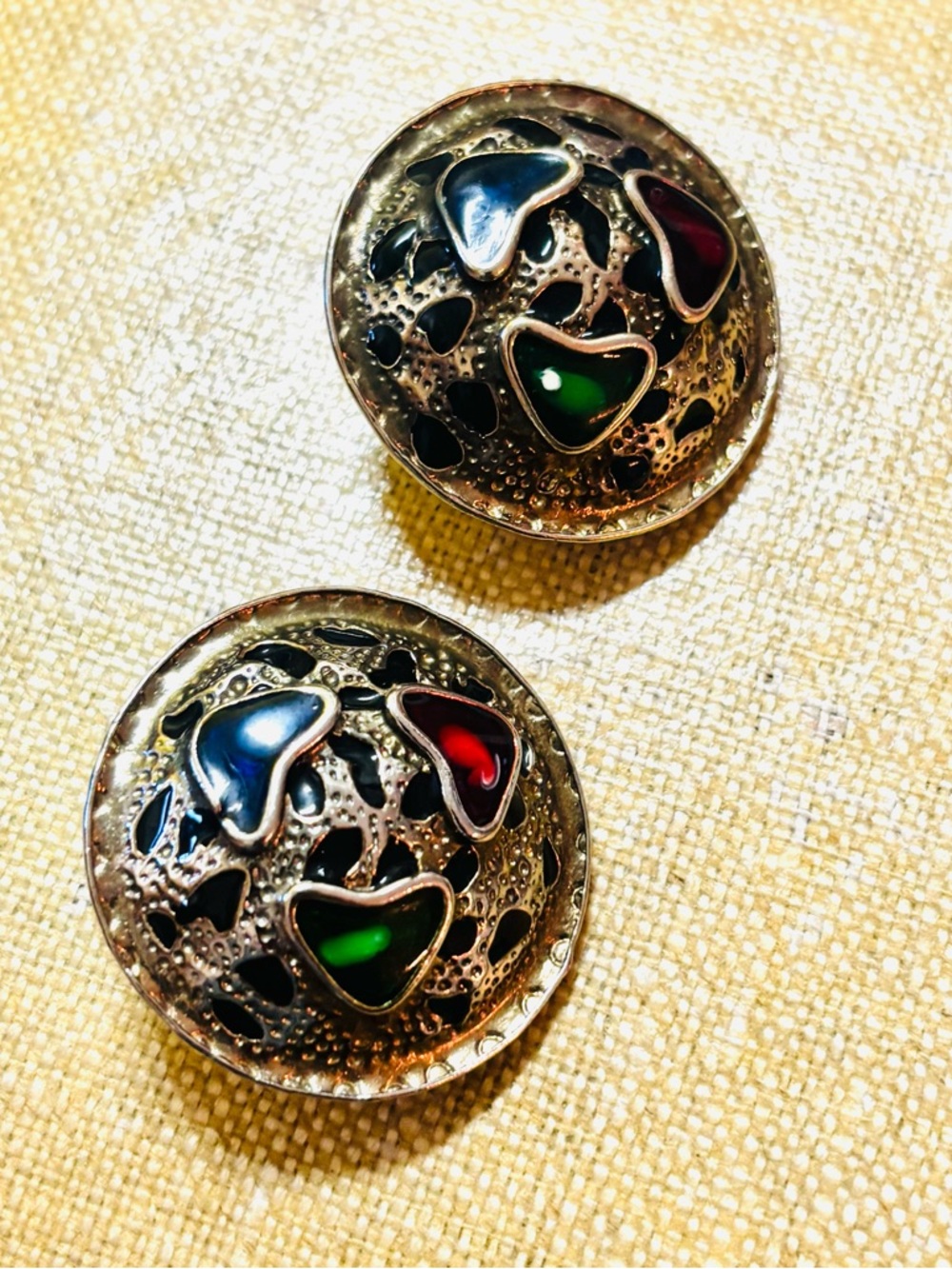 Vintage Gold Tone Leopard Metal Clip on Earrings with Blue Red and Green Enamel